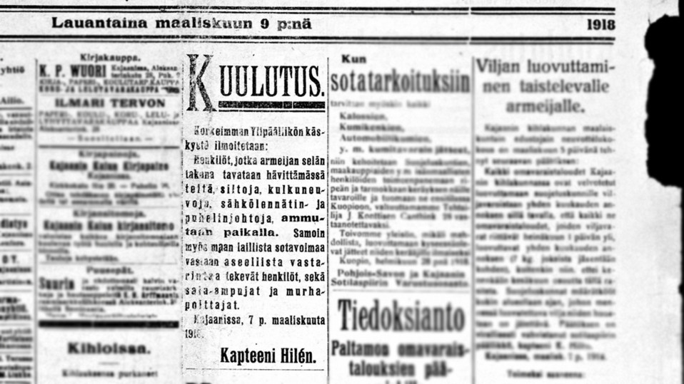 Kuvakaappaus vuoden 1918 Kajaanin Kaiku-sanomalehdestä