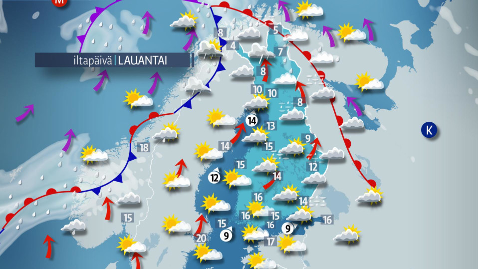 Lauantain sääkartta.