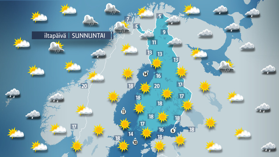 Sunnuntain sääkartta.