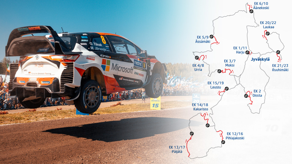 Jyväskylän MM-rallin reitti 2019.