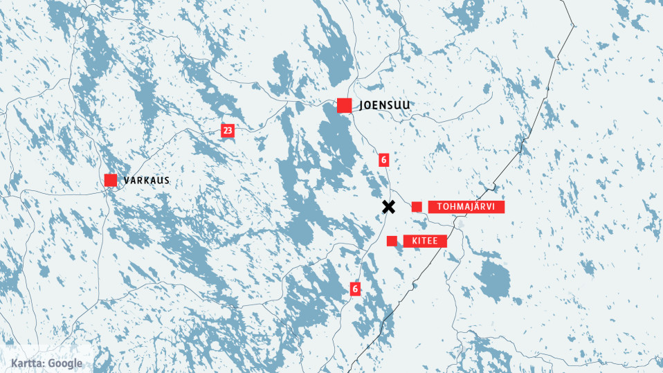 Kartta, johon on merkitty Kitee, Tohmajärvi, Joensuu ja Varkaus.