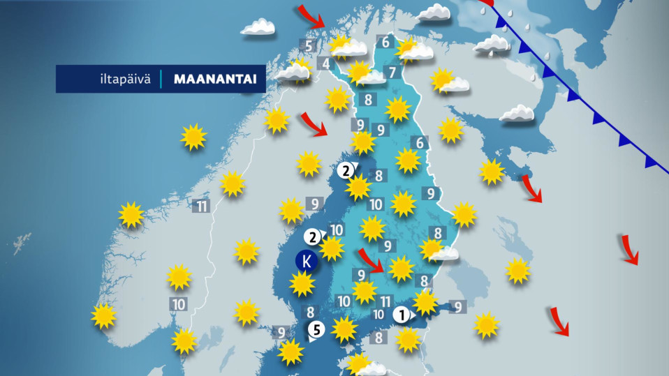 Sääennuste maanantaille 15. huhtikuuta.