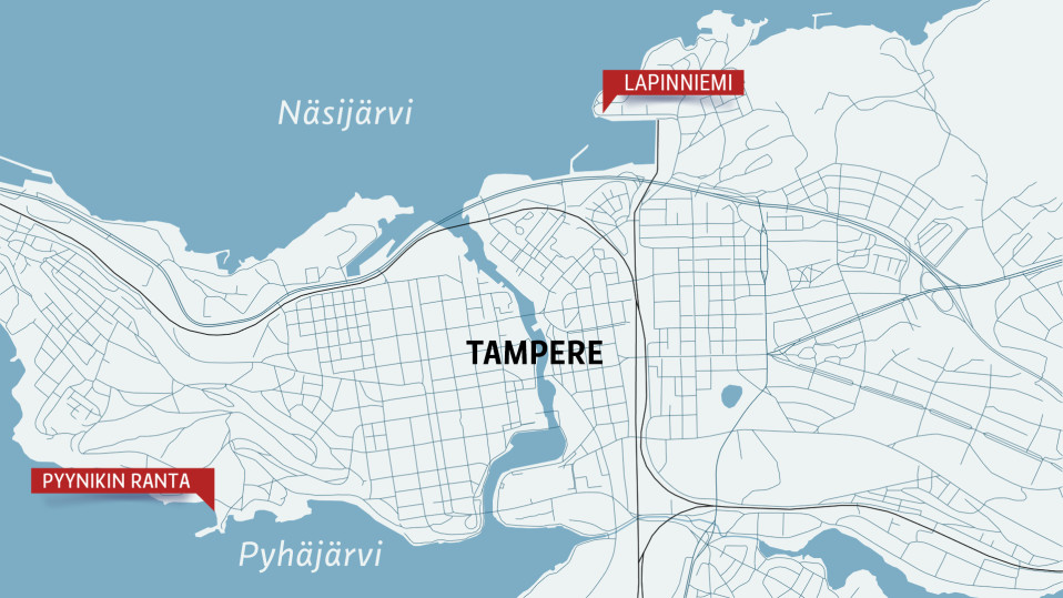Tampereen kartta, jossa Lapinniemi ja Pyynikin uimaranta.