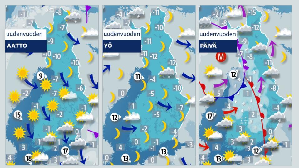Ennuste uudenvuodenaatolle 31. 12. 2019 ja uudenvuodenpäivälle ensimmäinen tammikuuta 2020.