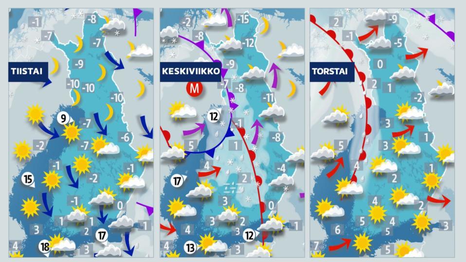Sääennuste tiistaista torstaille 1.–3. tammikuuta 2020.