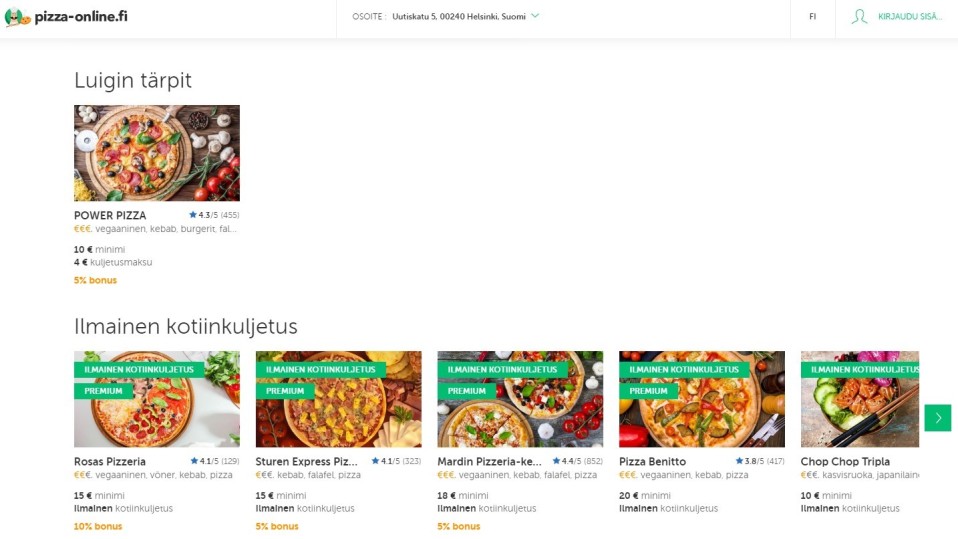 Kuvakaappaus Pizza-onlinen etusivusta