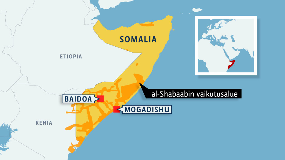 Somalian kartta, johon merkitty al-Shabaabin vaikutusalue.