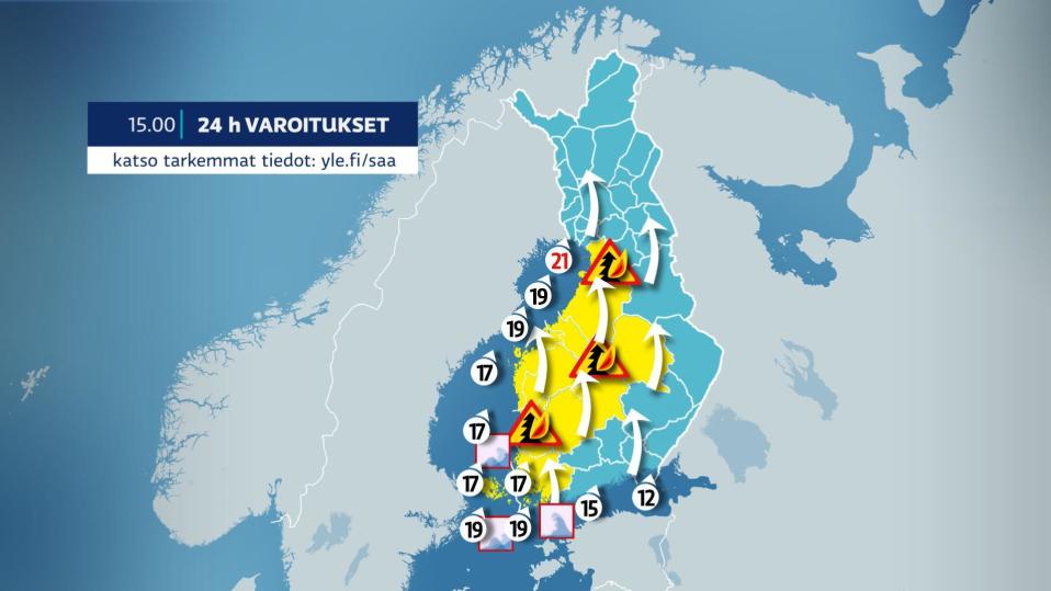 Kuvassa on lauantain säävaroituskartta.