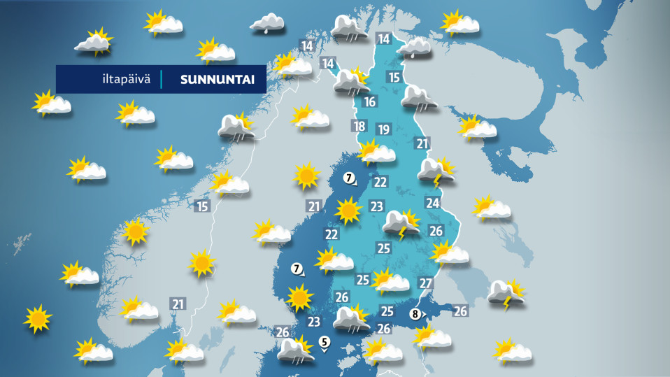 Sunnuntain sääkartta.