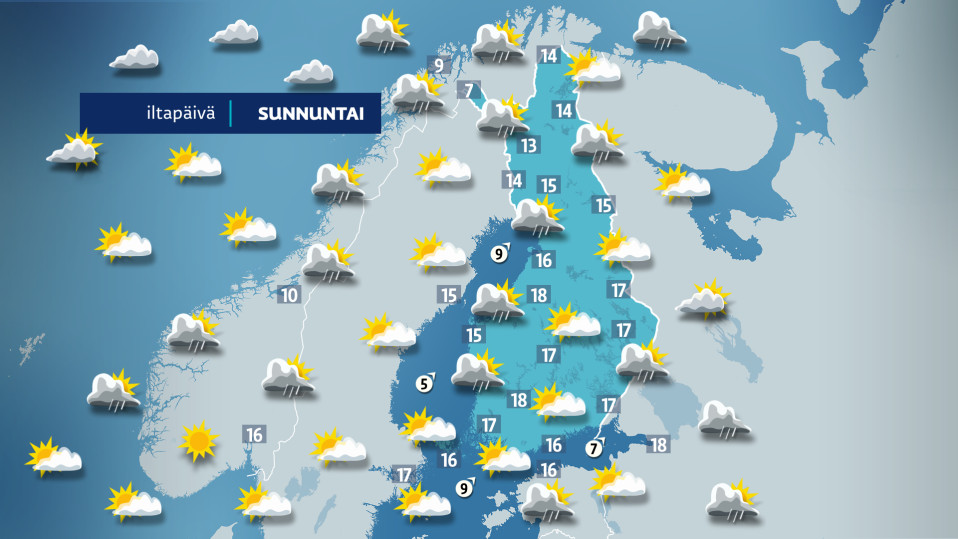 Sunnuntain sääkartta.