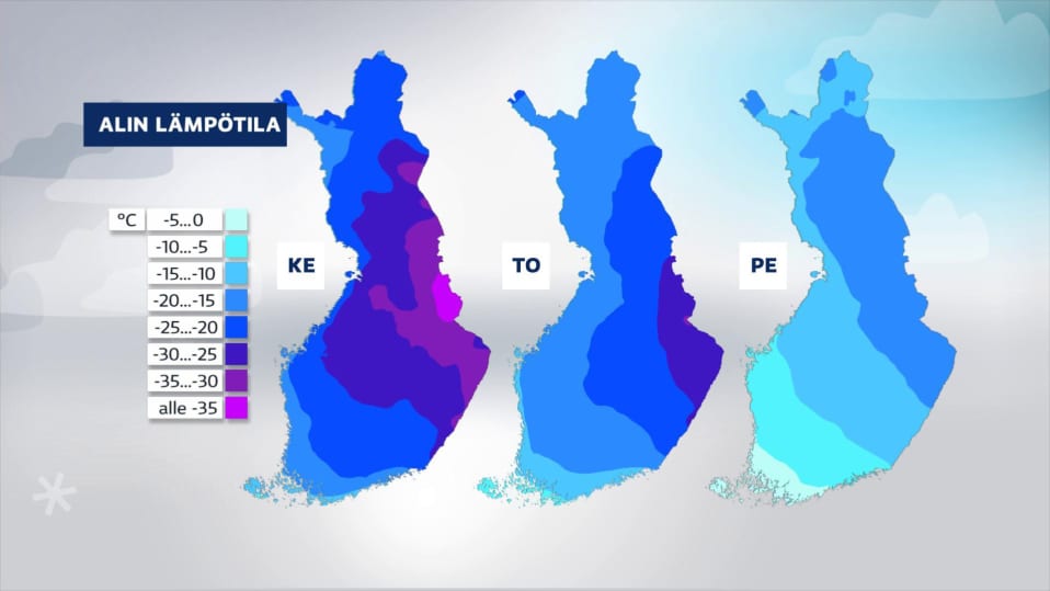 Sääkartta näyttää alimmat lämpötilat ke-pe.