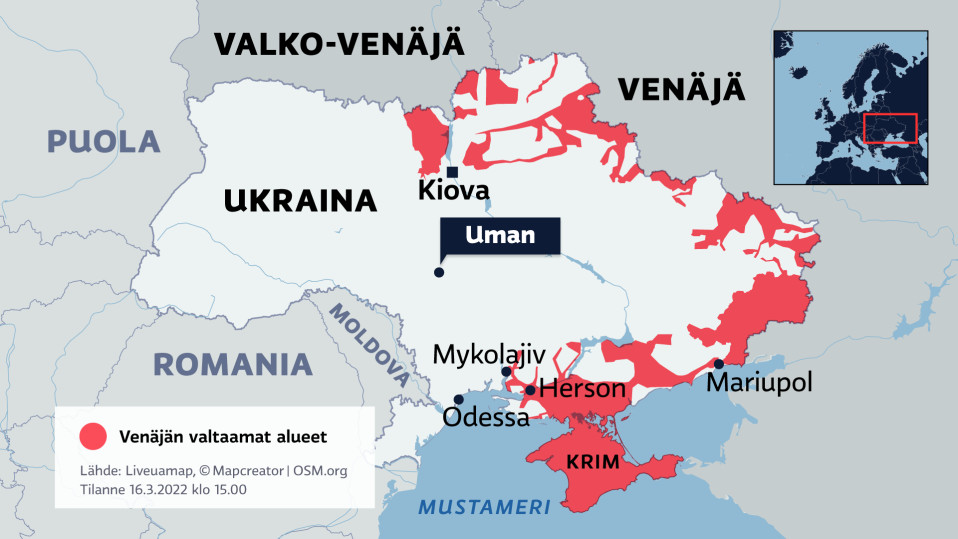 Ukrainasta paenneen maanviljelijän tila sijaitsee Umanin kaupungin lähellä. Vilja kulkee yleensä maailmalle Mustanmeren satamista, mutta kuljetukset ovat jäissä sodan vuoksi.