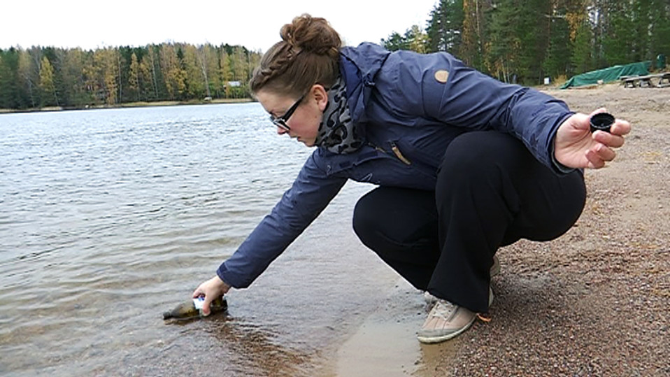 Nainen ottaa pulloon vesinäytettä rannassa.