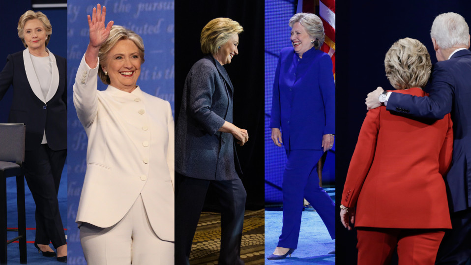 Kuvakooste Hillary Clintonin housupuku-tyylistä.