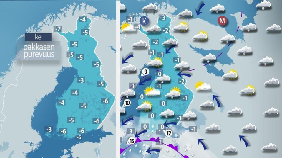 Tuuli lisää keskiviikkona pakkasen purevuutta.