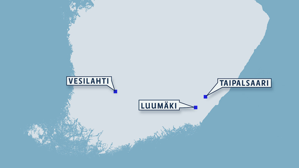 Suomen kartta, jossa paikkakunnat Taipalsaari, Luumäki ja Vesilahti.
