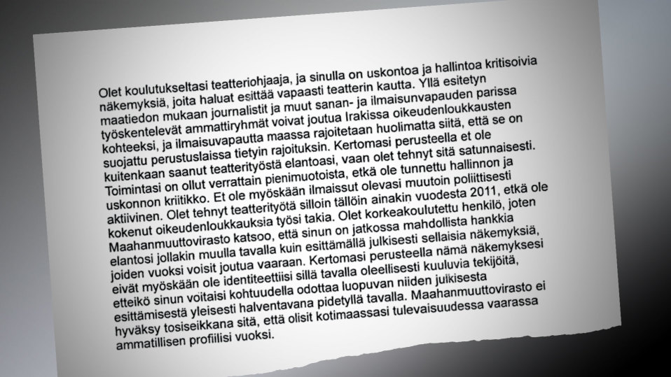 Tekstikappale Maahanmuuttoviraston kirjeestä irakilaiselle turvapaikanhakijalle.