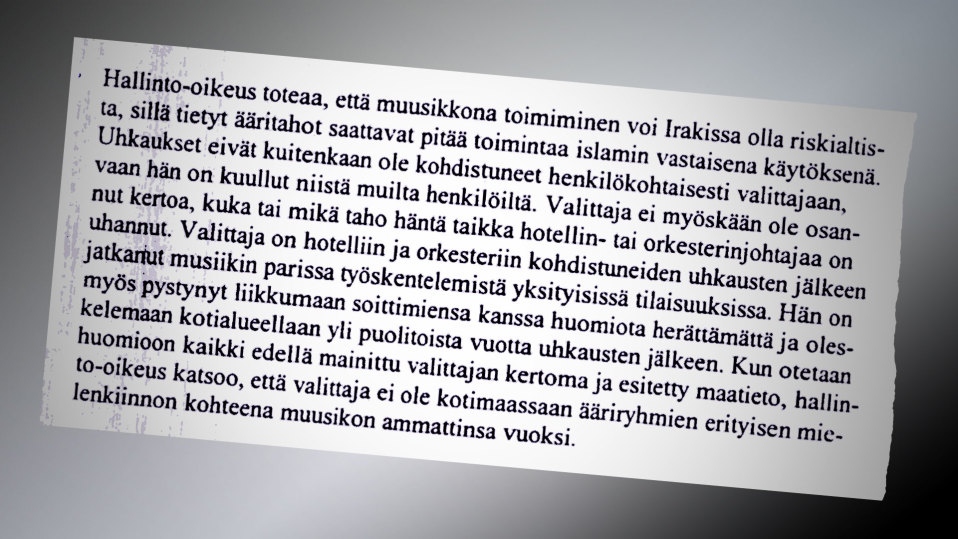 Tekstikappale Maahanmuuttoviraston kirjeestä irakilaiselle turvapaikanhakijalle.