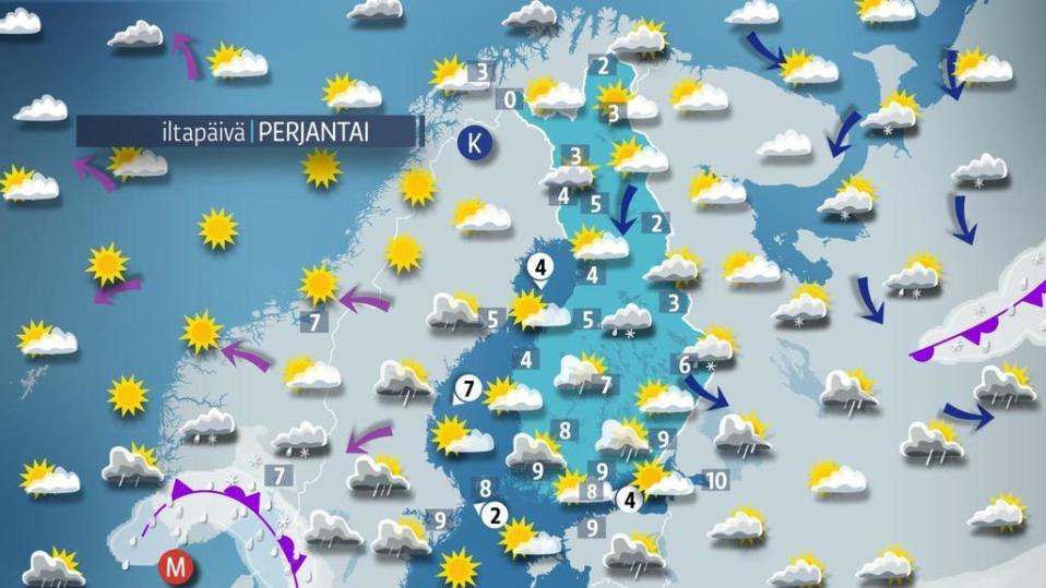 Sääennuste perjantaille.
