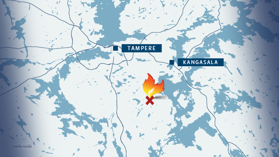 Karttagrafiikka Kangasalan Ahvenjärventiellä 7 hehtaarin metsäpalo