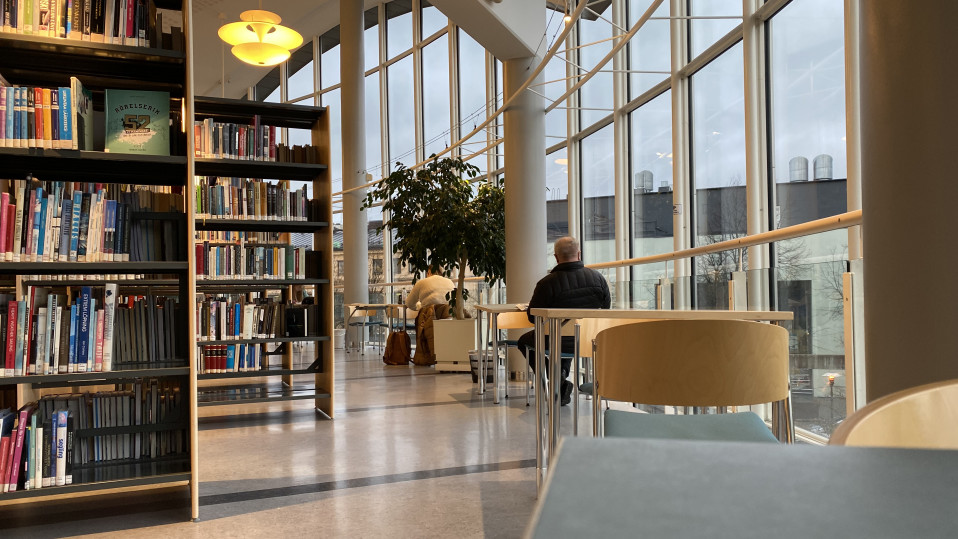 Kuvassa kirjasto ja asiakkaita