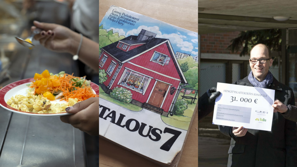 Kuvakollaasi jossa nainen ottamassa ruokaa, kotitalousoppikirja ja lahjakortti.