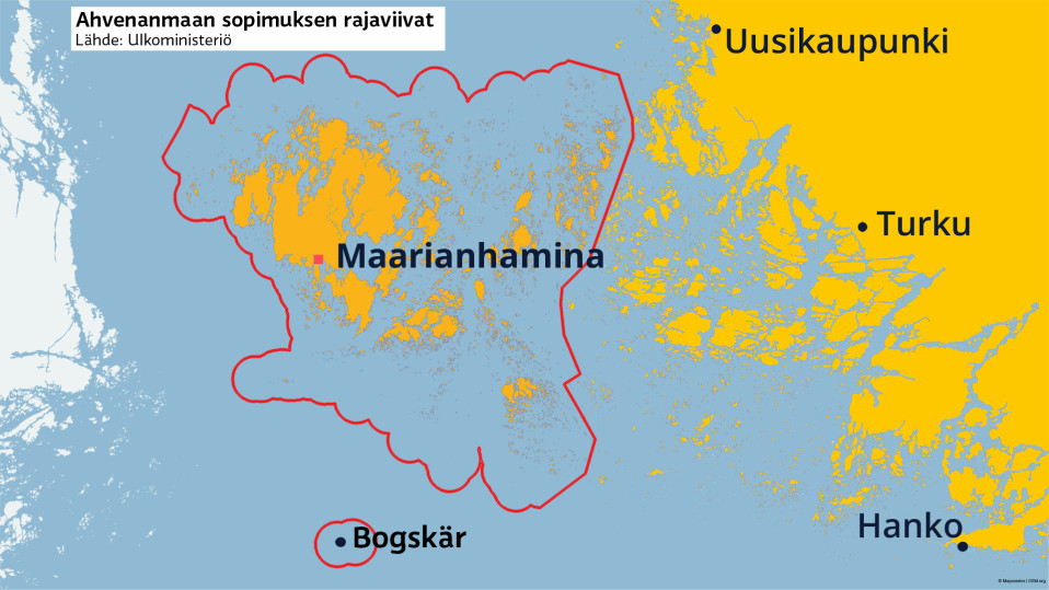 Ahvenanmaan sopimuksen mukainen demilitarisointialue kartalla.
