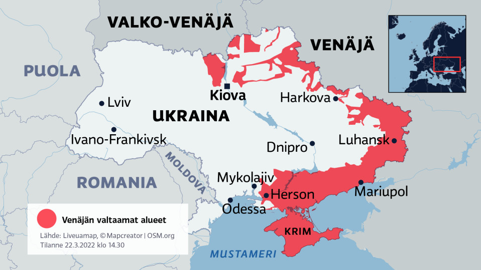 Kartalla Venäjän valtaamat alueet Ukrainassa 22.3.2022.