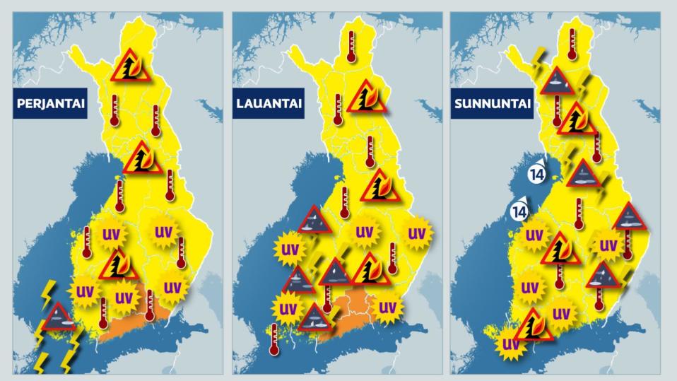 Perjantain, lauantain ja sunnuntai sääkartat.
