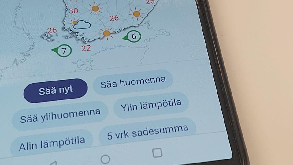 Sääkartta Ilmatieteen laitoksen verkkosivuilta kuvattuna.