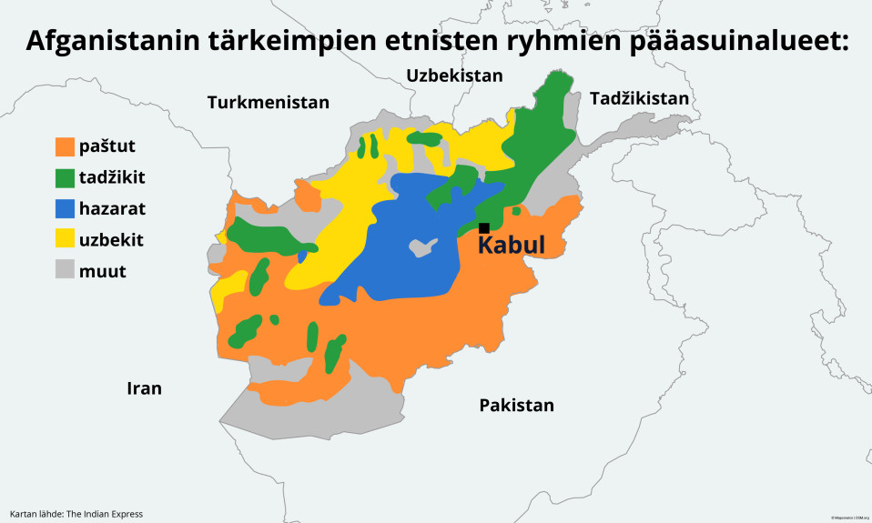 Kartta Afganistanin etnisistä ryhmien asuinalueista.