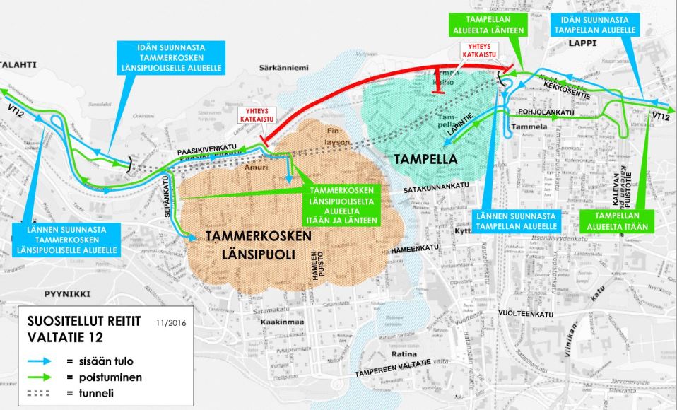 Tampereen kaupungin tekemä kartta suositelluista reiteistä