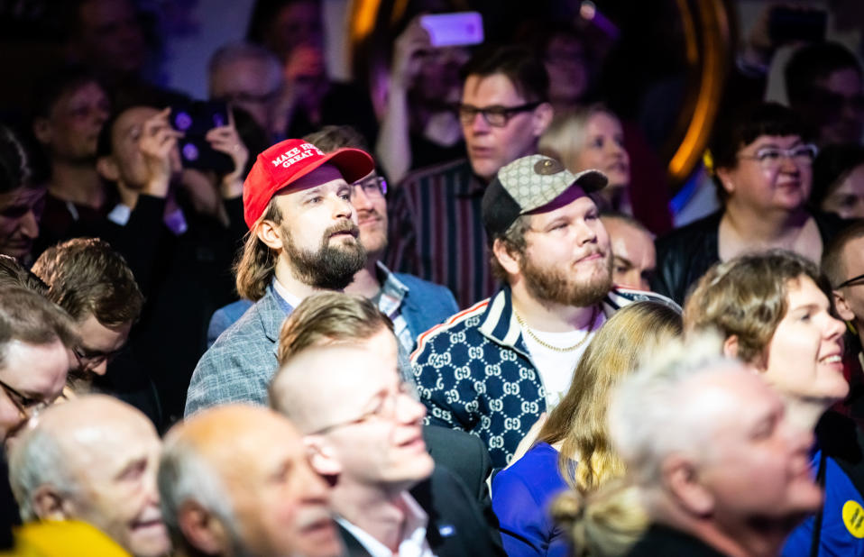 Eduskuntavaalit 2019. Perussuomalaisten vaalivalvojaiset. Sampo Löppönen oli pukeutunut