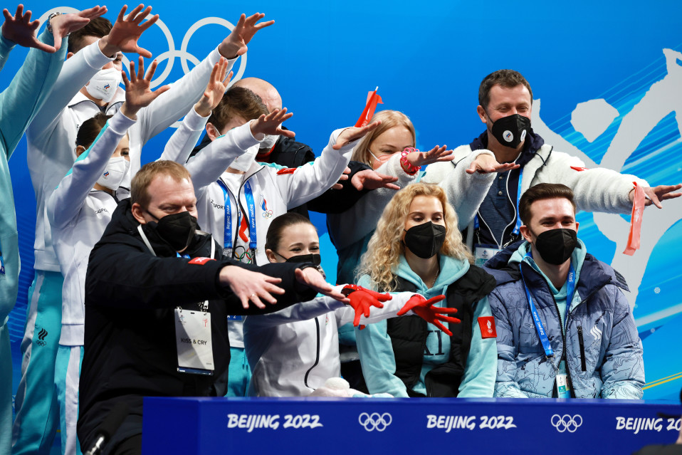 Kamila Valieva and her team of Russia reacts during the Woman Single Skating - Free Skating of the Figure Skating Team Event at the Beijing 2022 Olympic Games, Beijing, China, 07 February 2022.
