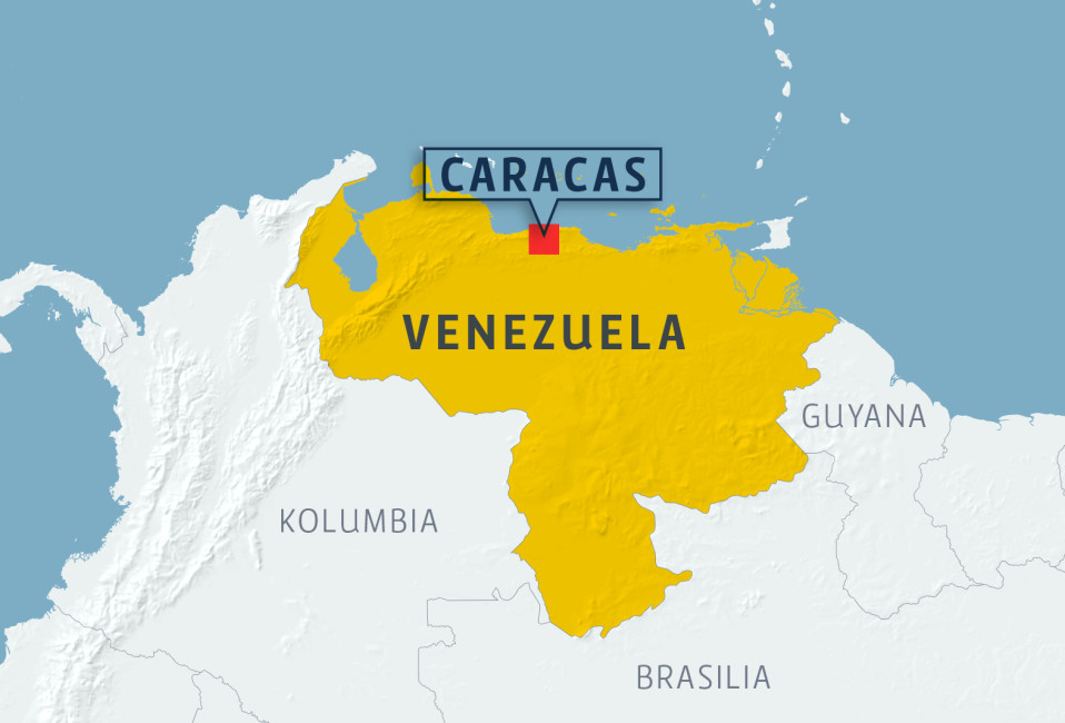 Venezuelan kartta johon on merkitty pääkaupunki Caracas.