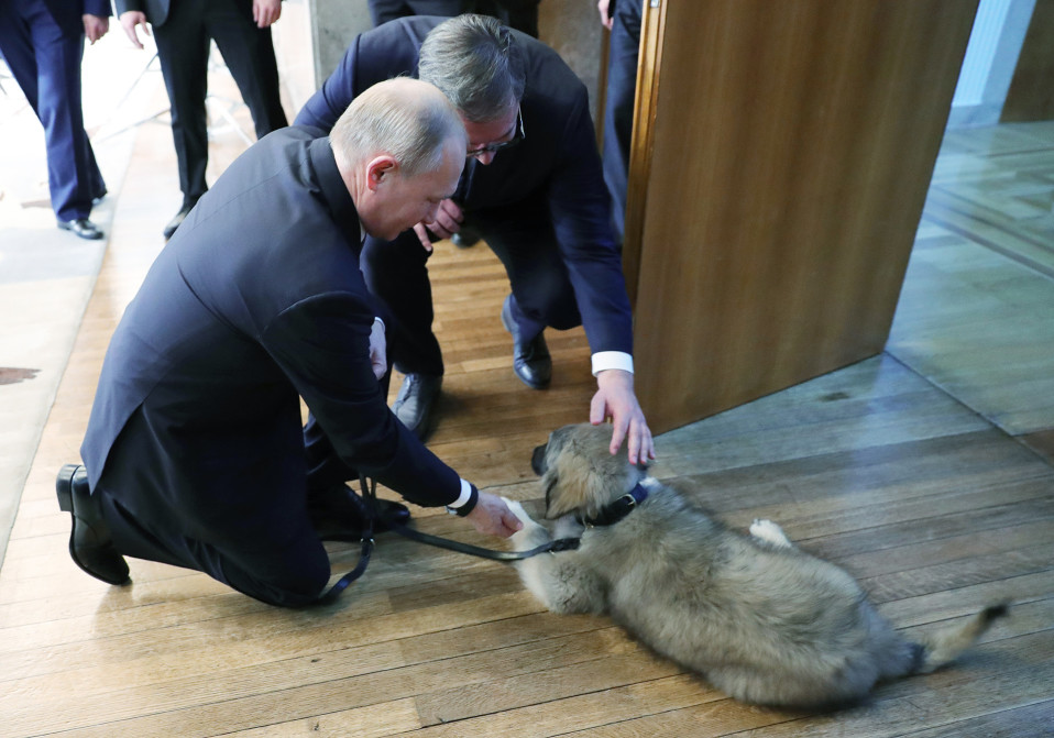 Päämiehet koiran kanssa.