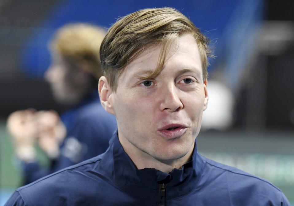 Harri Heliövaara Davis Cupin arvontatilaisuudessa.