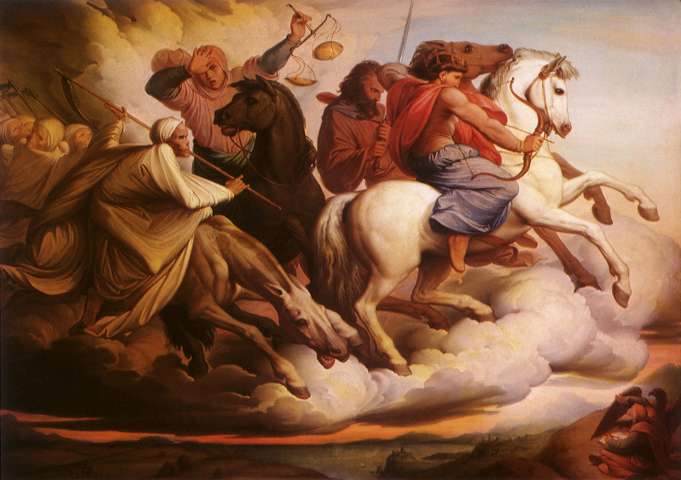 Maalaus neljästä Johanneksen ilmestyksen kuudennessa luvussa mainitusta ratsumiehestä. The Four Horsemen of the Apocalypse, Steinle, Jacob Von, 1860.