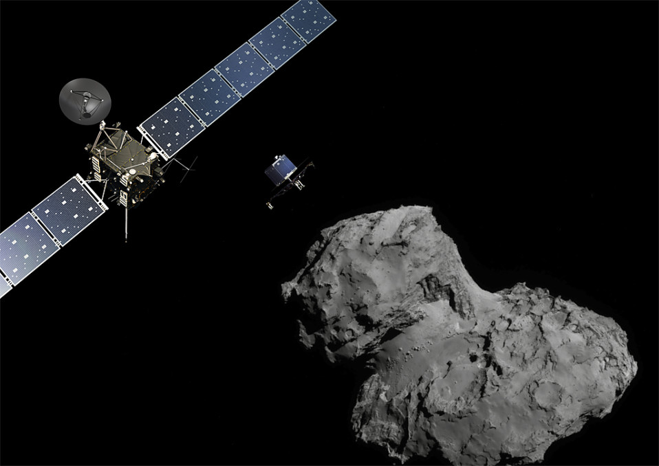 Piirroskuva Rosettasta ja siitä irtautuneesta Philae-laskeutujasta matkalla kohti Tshurjumov-Gerasimenko-komeettaa.