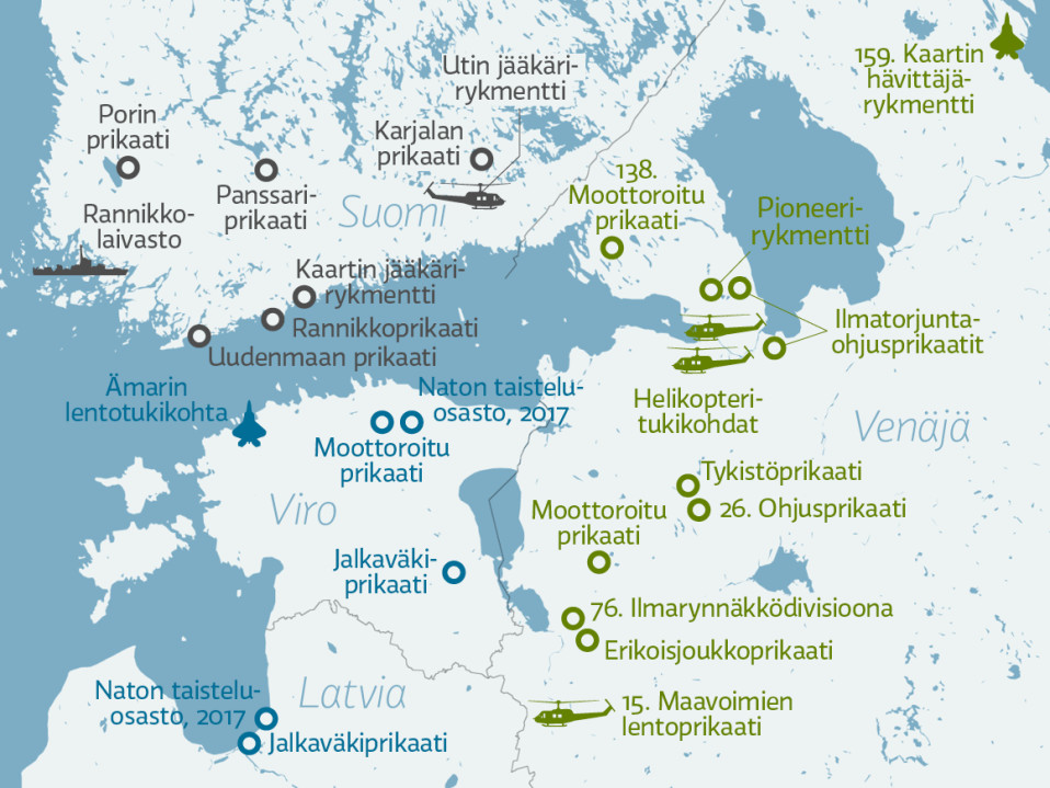 Suomenlahden ja lähialueen merkittävät joukko-osastot.