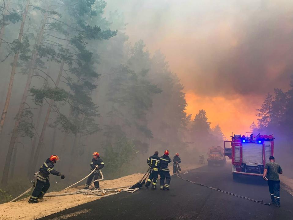 Palomiehet yrittivät saada tiistaina metsäpaloja hallintaan Luhanskissa.