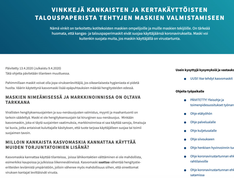 Kuvakaappaus Työterveyslaitoksen sivuilla keväällä olleesta ohjeesta, jossa kangasmaskien käyttöä suositellaan esimerkiksi julkisissa liikennevälineissä. Kuva on tallennettu 17.4.2020.