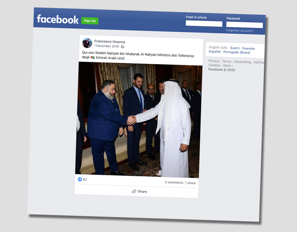 Kuvakaappaus Francesco Osannan Facebook-tilitä. Kuvassa Osanna kättelee Yhdistyneiden arabiemiirikuntien ministeriä.