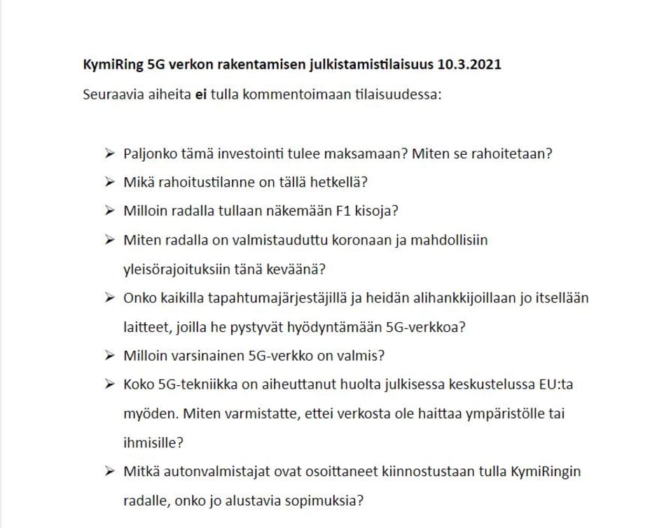 Kymiringin infotilaisuuden lista kysymyksistä, joita ei tulla kommentoimaan