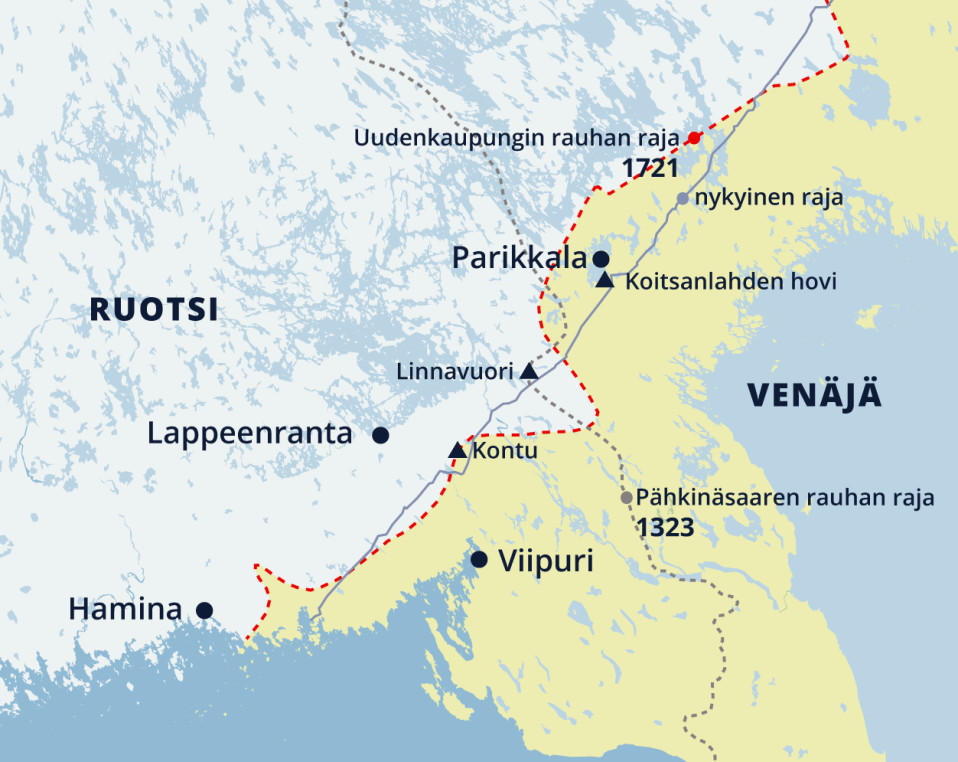 Kartta Kaakkois-Suomessa kulkeneista Uudenkaupungin rauhan ja Pähkinäsaaren rauhan rajoista.