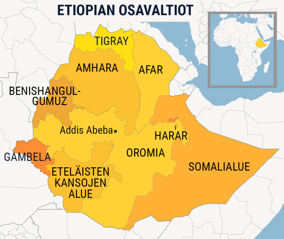 Kartta Etiopian osavaltioista.