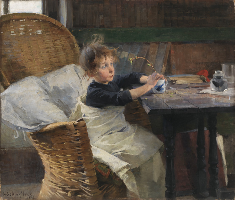 En bild av Helene Schjerfbeck: Konvalescenten (1888). En ung flicka sitter inlindad i ett lakan vid ett bord och håller i en liten kvist med spirande gröna blad.
