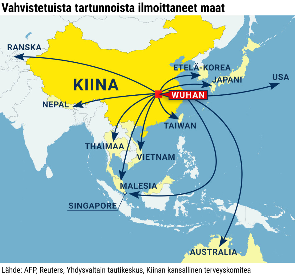 Vahvistetuista koronatartunnoista ilmoittaneet maat. Kiina, Etelä-Korea, Japani, Taiwan, Thaimaa, Vietnam, Singapore, Usa, Ranska, Nepal, Malesia ja Australia. Lähde: AFP, Reuters, Yhdysvaltain tautikeskus, Kiinan kansallinen terveyskomitea.