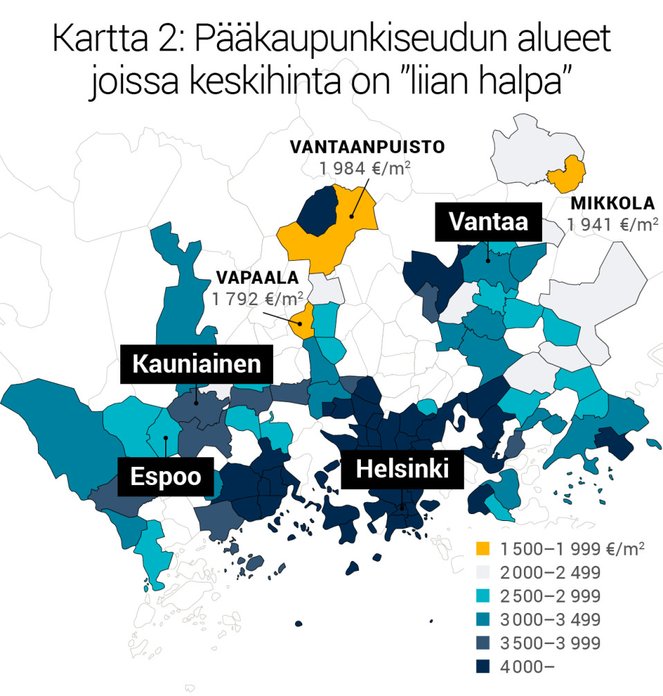 Kartta 2: Pääkaupunkiseudun alueet joissa keskihinta on ”liian halpa”.