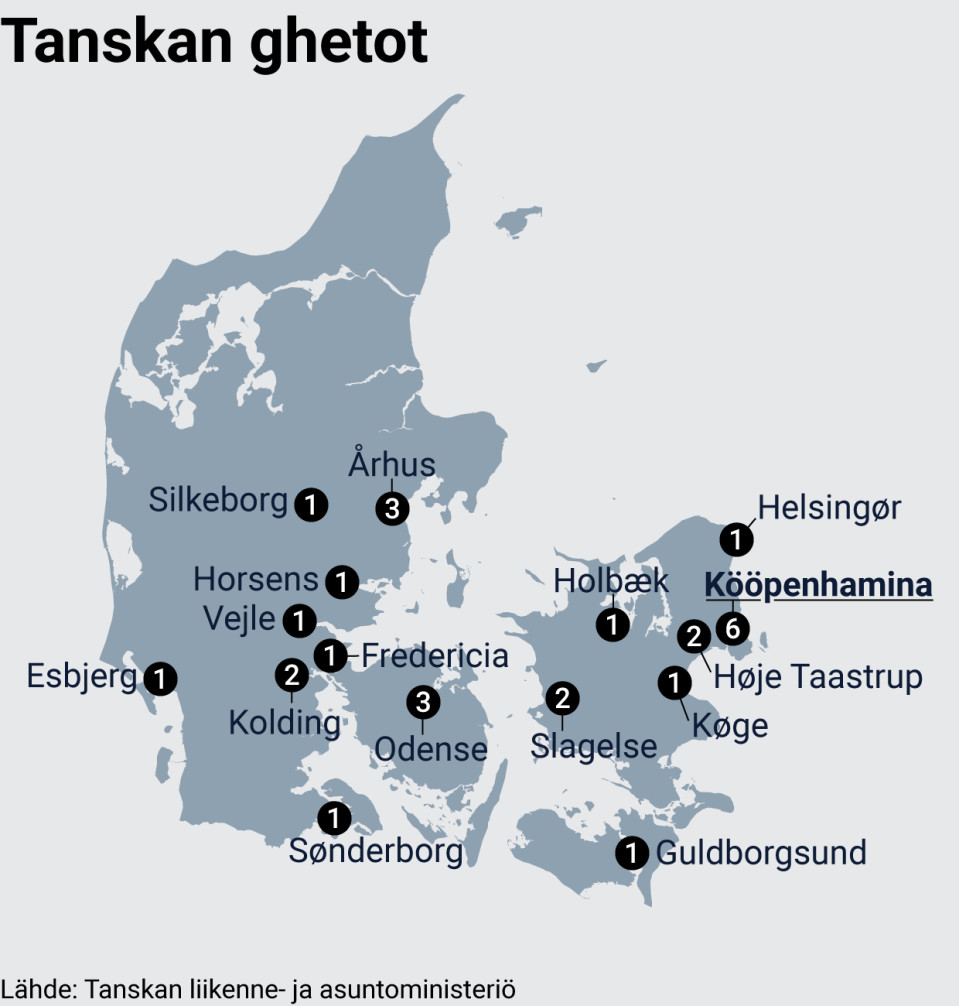 Infokartta Tanskalaisista kaupungeista joista löytyy ghettoja.